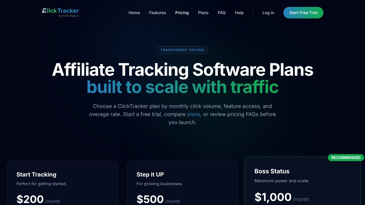 ClickTracker pricing page with plans for growing traffic volumes
