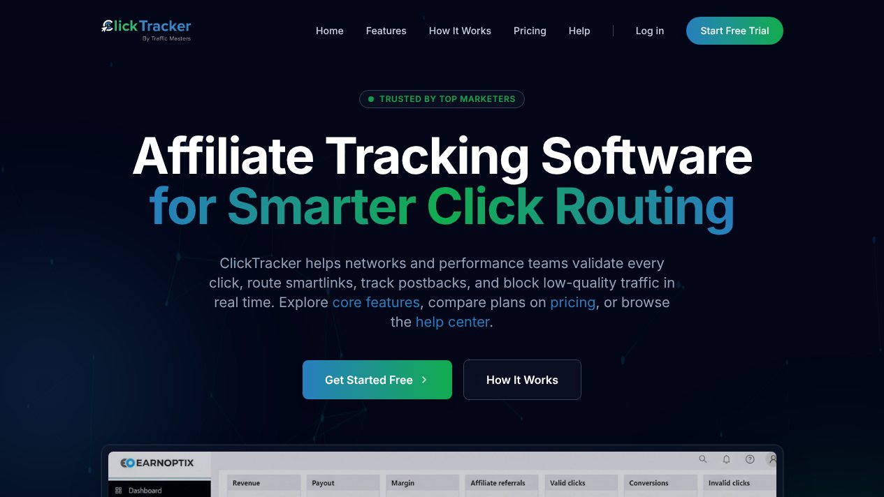 ClickTracker homepage: affiliate tracking software for smarter click routing