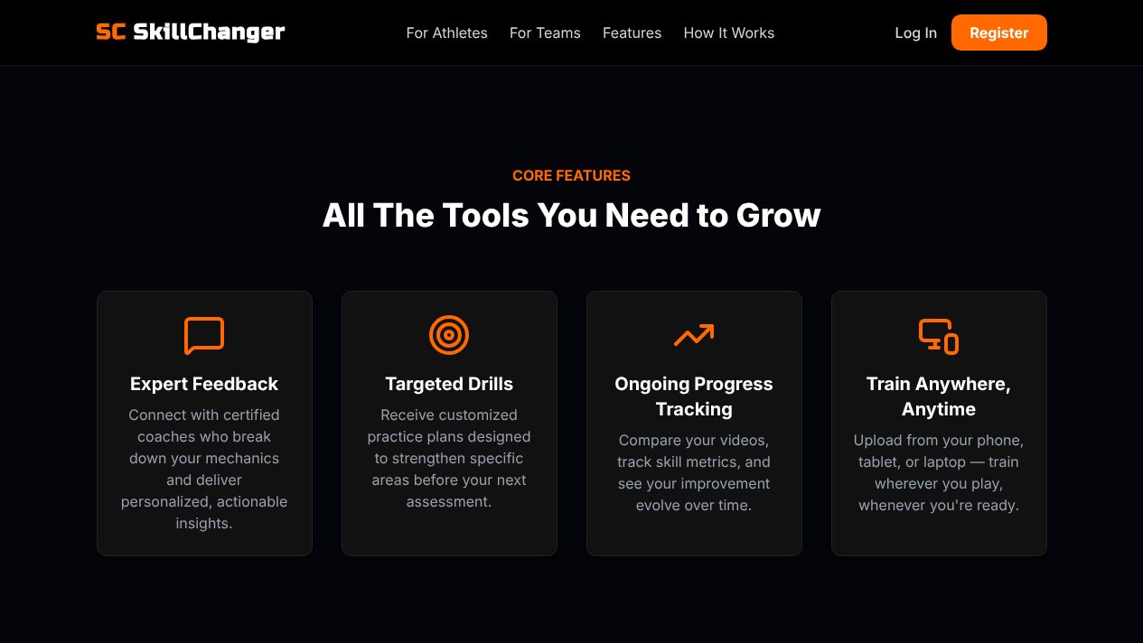 SkillChanger core features: expert feedback, targeted drills, progress tracking and training anywhere
