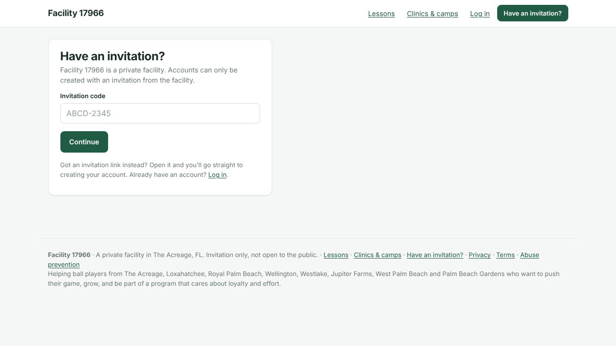 Facility 17966 Have an invitation? page with an invitation code field and a link to log in