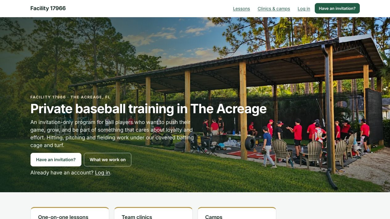Facility 17966 homepage: Private baseball training in The Acreage, over a photo of players under the covered batting cage