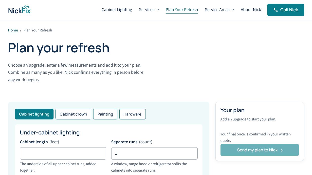 NickFix Plan Your Refresh estimator with upgrade tabs, measurement fields and a plan summary