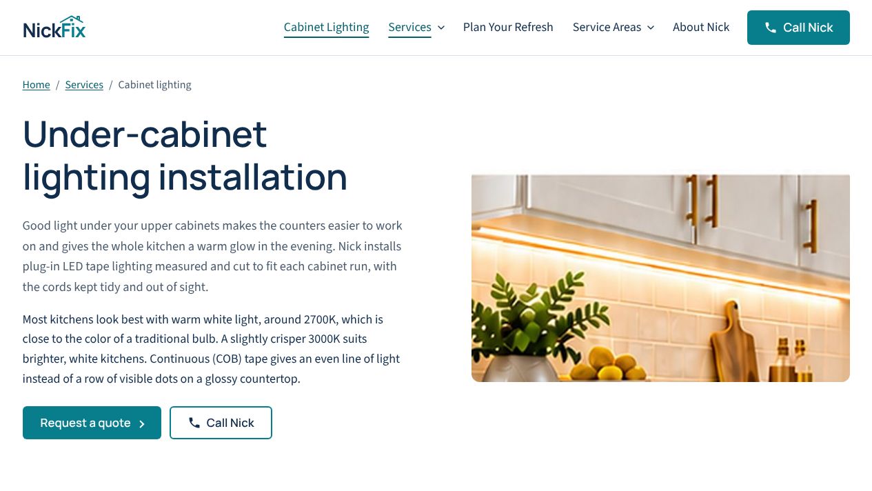 NickFix under-cabinet lighting installation page with a photo of lit kitchen cabinets