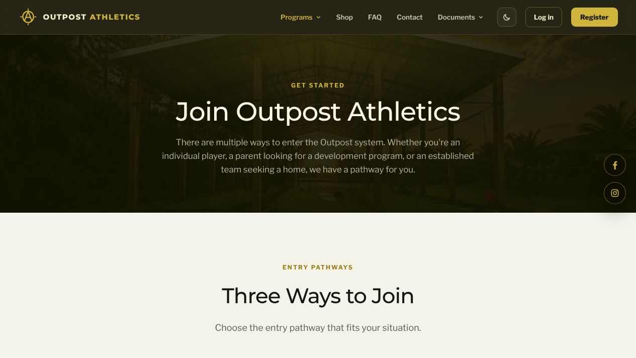 Join Outpost Athletics page introducing three ways to join