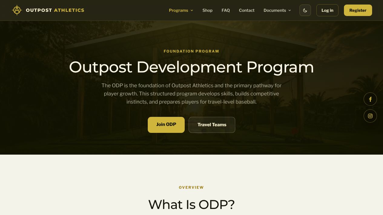 Outpost Development Program page with Join ODP and Travel Teams buttons