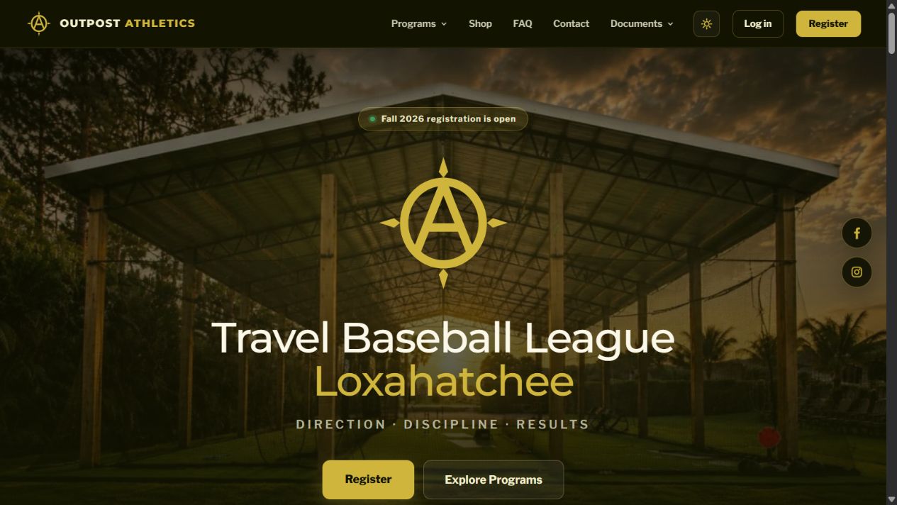 Outpost Athletics homepage with its gold compass logo and baseball training facility
