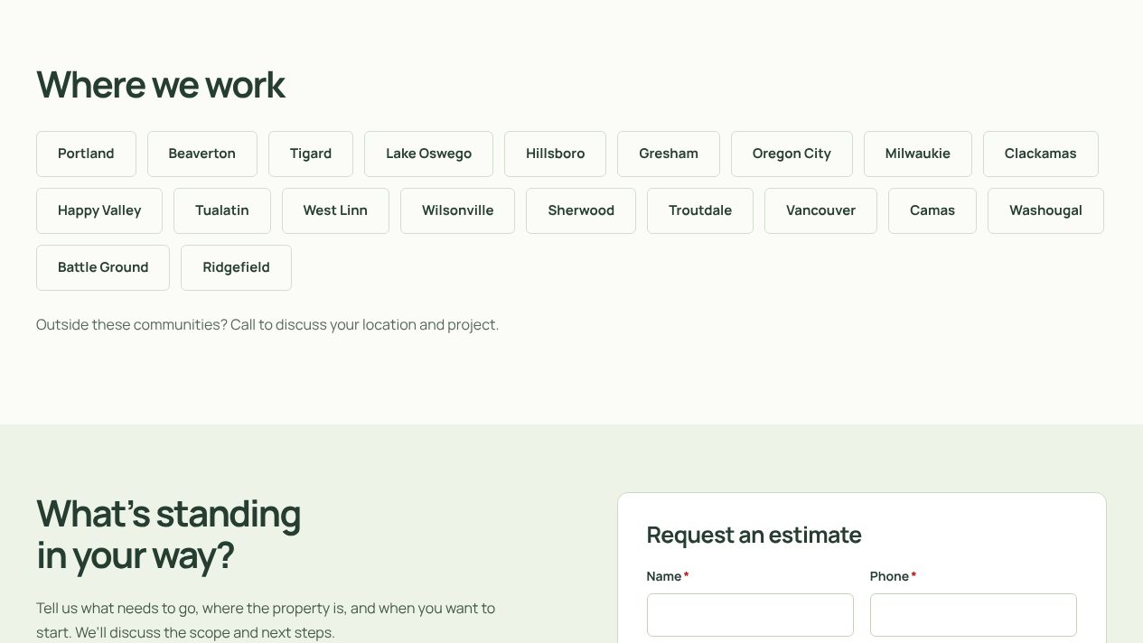 Upkeep 360 service areas page listing Portland-area communities from Portland to Ridgefield