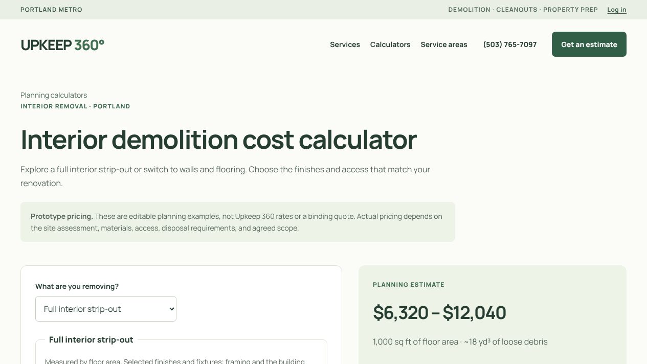 Upkeep 360 interior demolition cost calculator with a prototype pricing notice and a planning estimate panel