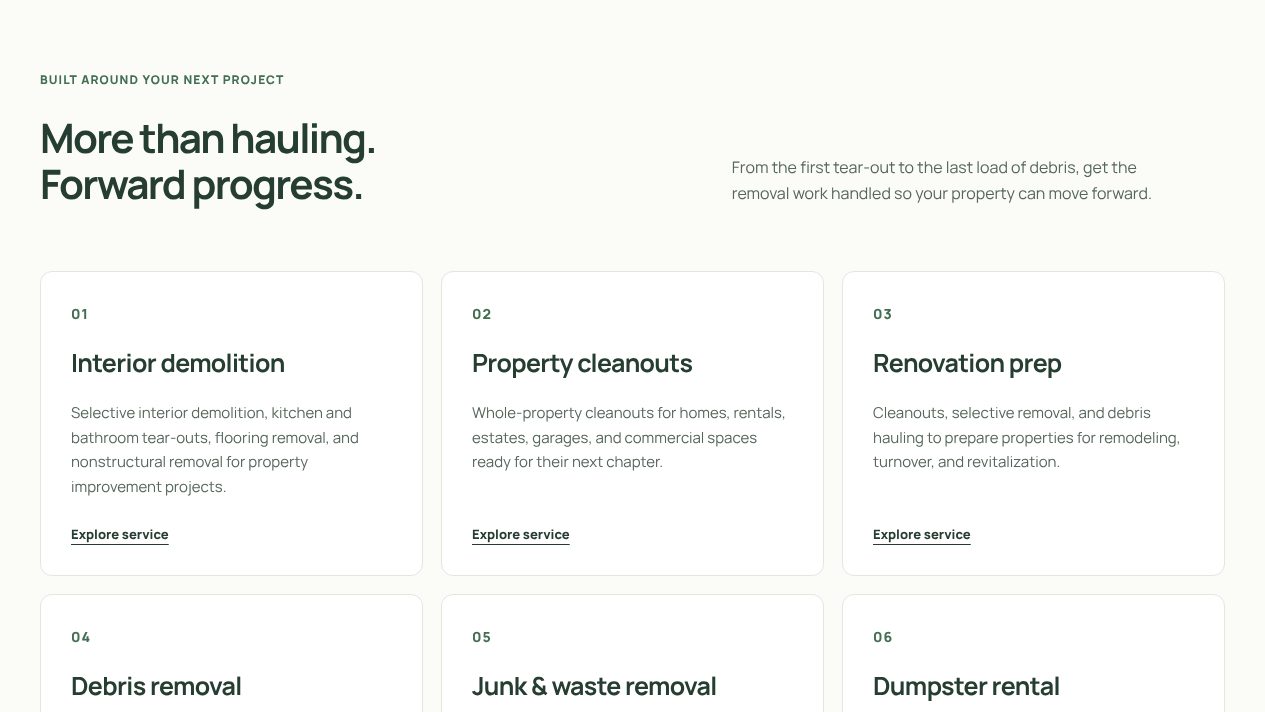 Upkeep 360 services section headed More than hauling. Forward progress., with cards for interior demolition, property cleanouts and renovation prep