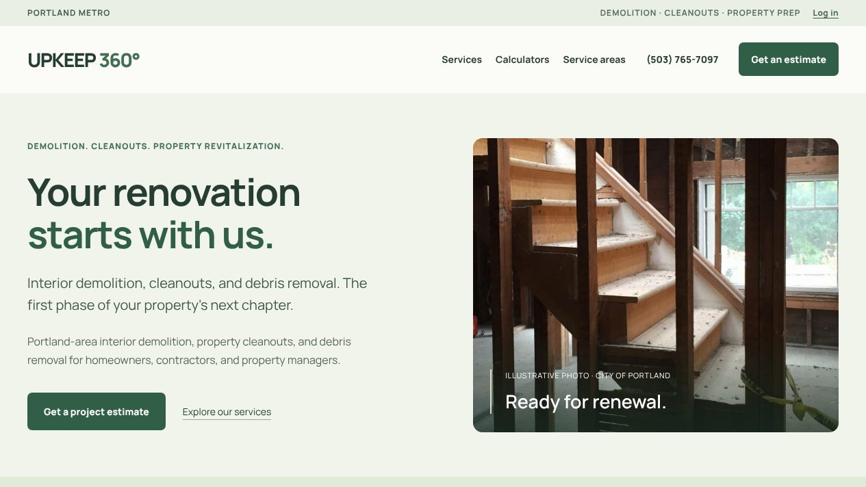 Upkeep 360 homepage: Your renovation starts with us, beside a photo of a stripped interior staircase