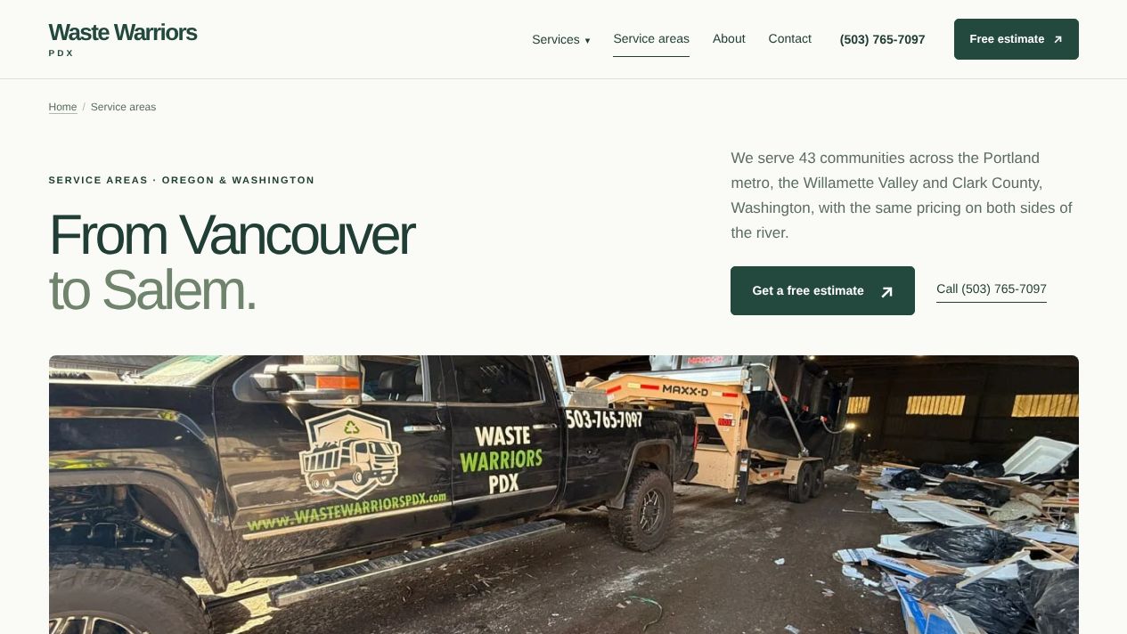 Waste Warriors PDX service areas page headed From Vancouver to Salem