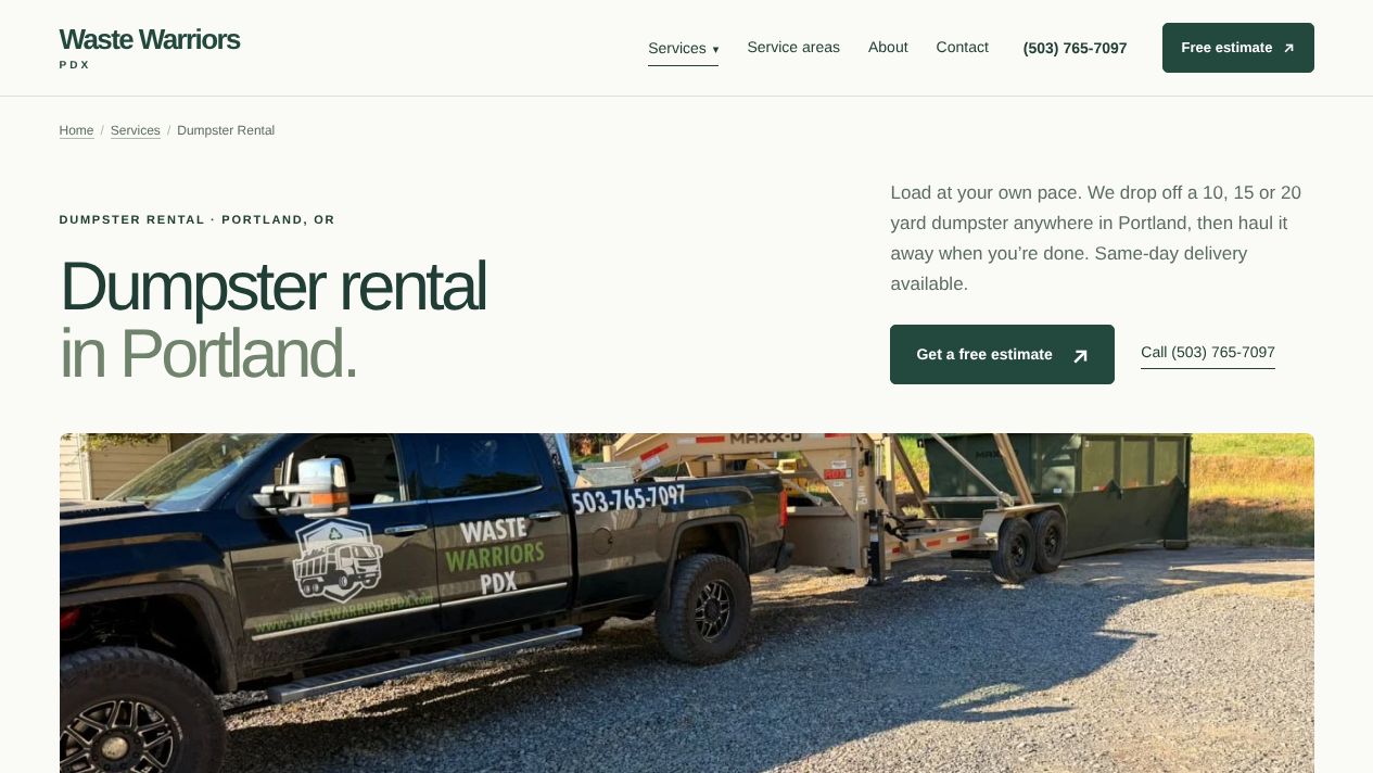 Waste Warriors PDX dumpster rental page with the company truck and dumpster trailer